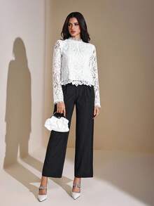 JIAN LASALA 全白蕾丝长袖优雅上衣 女士秋季穿搭 白色上衣 白色蕾丝上衣 蕾丝白色上衣 白色优雅上衣 蕾丝长袖上衣 蕾丝衬衫 女士白色衬衫 冬季婚礼宾客奢华时尚服装系列 - 白色 - 查看 5