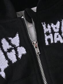 SHEIN 2件/套 嬰兒男童字母刺繡連帽衛衣外套與長褲 黑白配色 秋冬街頭生活休閒圖案街頭時尚海灘款柔軟 - 黑色 - 查看 4