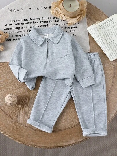 SHEIN Playful Pals Baby Boy Spring/Autumn Fashion Sweatshirt And Sweatpants Set, Selected Warm Colors, Depicting Minimalist Elegant Style.