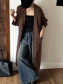 Livesso 女士纯棕色长款针织开衫，宽松商务休闲优雅毛衣，适合秋冬季 - 棕色 - 查看 4