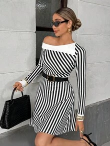 Pariaura Color Block Striped Asymmetric Collar Casual Commute Minimalist Vacation Style Women Dress