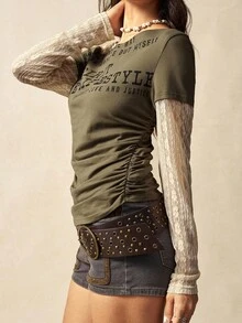 Bohemela Plus Size Women Slogan Print Contrast Lace 2 In 1 Top