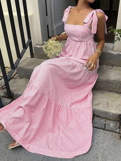 SHEIN Unity Blue Striped Square Neck High Waist Backless Tie-Up Dress With Flared Skirt, Sexy & Vacation Style, Spring/Summer