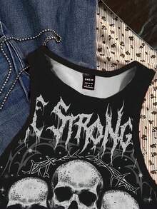 Attitoon 休闲街头朋克暗黑骷髅图案圆领紧身女式背心，夏季万圣节 - 白色 - 查看 4