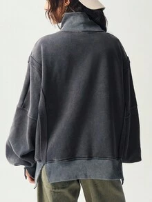 Bohemela 秋冬波西米亚风羊毛休闲纯色针织半拉链长袖宽松水洗女式运动衫 - 深灰色 - 查看 7