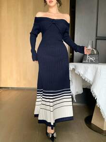 DAZY Autumn/Winter Fitted Off Shoulder Twist Knot Striped Color Block Party Dress, Fashion Cocktail Sweater Dress - Navy Blue - View 8