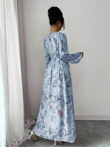 Modelyn 女式夏季雪纺蝴蝶印花褶饰圆领长袖连衣裙 - 藍色 - 查看 2