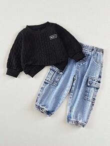SHEIN Playful Pals 2pcs Baby Boy Letter Print Long Sleeve Sweatshirt And Cargo Pants Set - Black - View 3