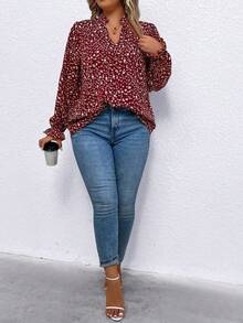 EMERY ROSE Plus Size Women All-Over Print Loose Casual Long Sleeve Shirt - Redwood - View 3