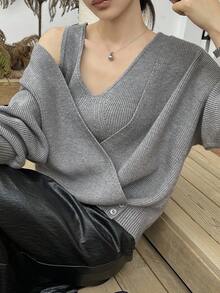 DAZY Ensemble élégant de 2 pièces pour le bureau/la maison : pull tricoté ample à encolure en V et débardeur minimaliste de couleur unie, convient pour l'automne et l'hiver - Gris - Voir 8
