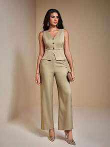 JIAN LASALA Blazer sans manches élégant à col en V, à boutons et à ourlet évasé. Blazer en lin décontracté pour femmes, collection de luxe et à la mode pour le nouvel an et les invités de mariage - Jaune citron - Voir 4