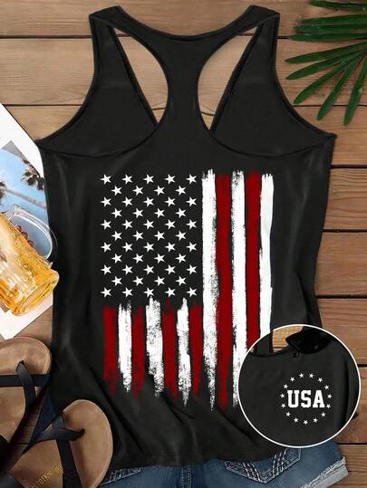 Attitoon Plus Size Flag Pattern Print Casual Minimalist Sleeveless Tank Top, Suitable For Summer Back To School