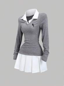 Sweetra Váy ngắn thêu họa tiết cổ áo sơ mi phong cách sinh viên giản dị mùa thu/đông dành cho nữ - Xám - Xem 1