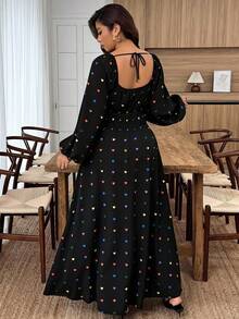 Weeklong Plus Size Heart Print V-Neck High Slit Long Sleeve Dress, Random Print Fall Cloth For Women - Black - View 2