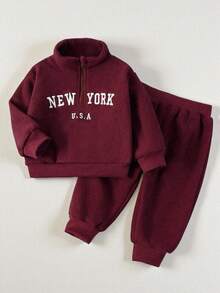 SHEIN Playful Pals Baby Boy Front Zipper Long Sleeve Letter Print Minimalist Top And Trousers Set