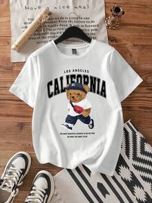 Attitoon 休闲加州风格熊图案白色圆领短袖修身女式 T 恤，棉混纺，适合夏季