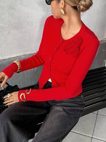 Pariaura Áo khoác cardigan cài nút họa tiết hoa thanh lịch dành cho nữ, ôm sát, màu đỏ, thu/đông - Đỏ - Xem 6