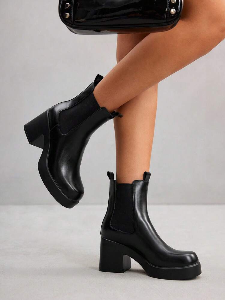 CUCCOO SZL 复古舒适高跟防水台中筒靴，修身弹力短靴，适合通勤、约会、派对、度假 - 黑色 - 查看 7