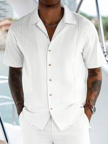 VENTUSAIL 男士夏季纯色短袖单排扣衬衫和裤子休闲西装 - 白色 - 查看 4