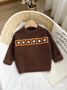 Back-To-School Young Girls Thick Round Neck Cable Knit Sweater,Oversized Loose Fit Vintage Embroidered Patch Casual Wear For School Autumn Fall Winter - Brown - View 7