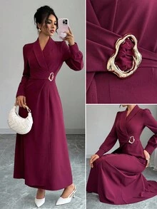 Elenzga Women's Solid Color Shawl Collar Long Sleeve Metal Waist Design Elegant Mid-Length Dress - Red - View 1