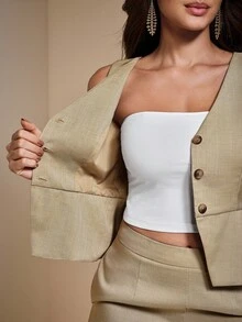 JIAN LASALA Blazer sans manches élégant à col en V, à boutons et à ourlet évasé. Blazer en lin décontracté pour femmes, collection de luxe et à la mode pour le nouvel an et les invités de mariage - Jaune citron - Voir 7