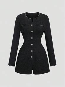 Sweetra 女士新款时尚银色金属黑边扣饰黑色银线长袖连体裤，春秋 - 黑色 - 查看 1