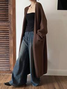 Livesso 女士纯棕色长款针织开衫，宽松商务休闲优雅毛衣，适合秋冬季 - 棕色 - 查看 1