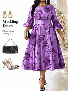 Fleurora Váy chữ A tay chuông thắt đai màu hồng cho mùa xuân và mùa hè, mùa thu và mùa đông, tiệc cưới sang trọng, tiệc cocktail, tiệc Giáng sinh, cỡ lớn, phối đồ - Màu tím - Xem 6