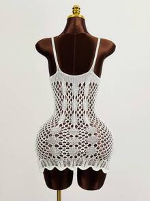 Swim Vcay Summer Beach Hollow Out Scallop Trim Split Hem Cover Up Dress Without Bikini - White - View 2