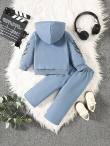 SHEIN 2pcs Baby Boys Hoodie Jacket With Letter Embroidery & Pants Set, Soft & Comfortable Casual Style Suitable For Autumn/Winter Outdoor, Travel, Daily Life - Blue - View 2