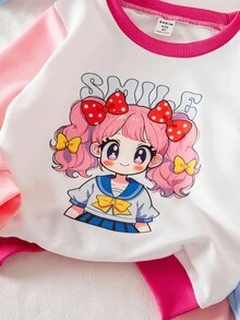 冬季服装、冬季套装、儿童冬季服装、秋季服装、万圣节、万圣节服装、圣诞节服装、2件套女童纯色蝴蝶结卫衣和喇叭裤，可爱甜美的户外、休闲、节日套装 - 彩色 - 查看 4