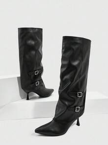 CUCCOO SZL 女士时尚性感尖头细高跟中筒靴，黑色套脚 - 黑色 - 查看 6