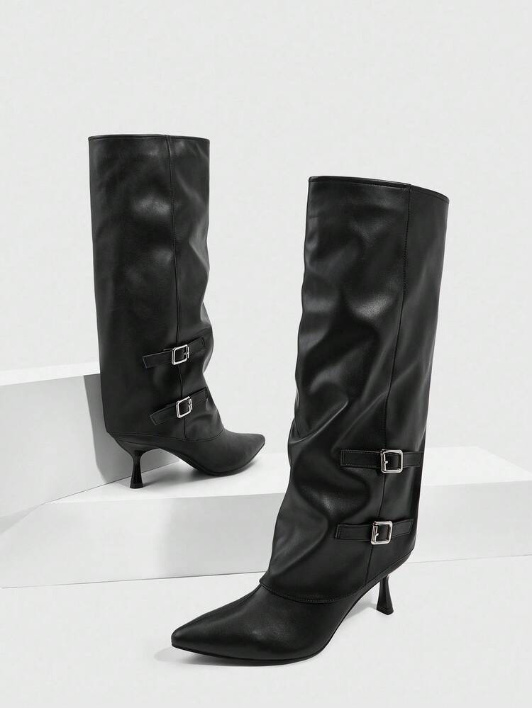 CUCCOO SZL Women's Fashion Sexy Pointed Toe Stiletto Heel Mid-Calf Boots, Black Pull-On