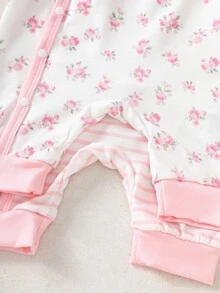 SHEIN 新生女宝宝印花纽扣圆领长袖连体衣秋冬款 - 粉色 - 查看 5