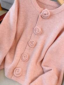 GlowEve CURVE Plus Size Women Elegant Floral Button Knit Cardigan Sweater Winter Fall Autumn - Pink - View 6