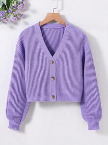 SHEIN Tween Girl Solid Color V-Neck Button Front Long Sleeve Cardigan Fall Winter - Mauve Purple - View 3