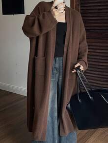 Livesso 女士纯棕色长款针织开衫，宽松商务休闲优雅毛衣，适合秋冬季 - 棕色 - 查看 6