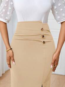 SHEIN Ladiora Women's Solid Color Slit Hem Fitted Skirt, Versatile For Commuting - Apricot - View 3