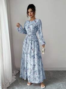 Modelyn 女式夏季雪纺蝴蝶印花褶饰圆领长袖连衣裙 - 藍色 - 查看 5