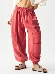 Bohemela Women's Solid Color Loose Knit Drawstring Pants - Red - View 4