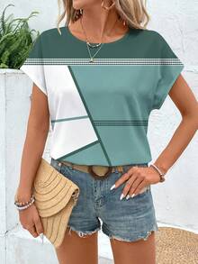 EMERY ROSE Blusa holgada de mujer de cuello redondo con patrón de empalme geométrico minimalista casual, adecuada para el verano