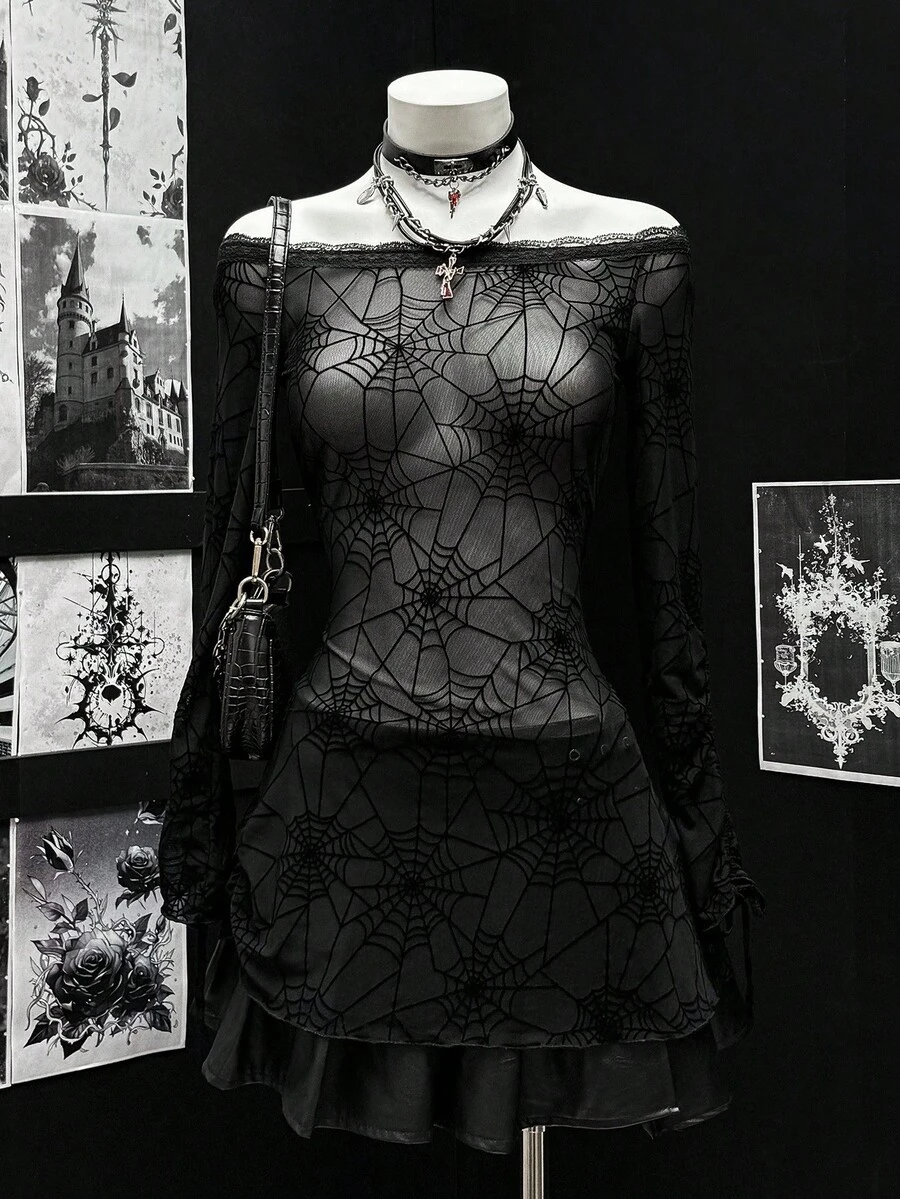 EgrlEra Women's Punk Style Black Flocked Spider Web Mesh Ruched Long Sleeve Dress, Suitable For Party - Black - View 1