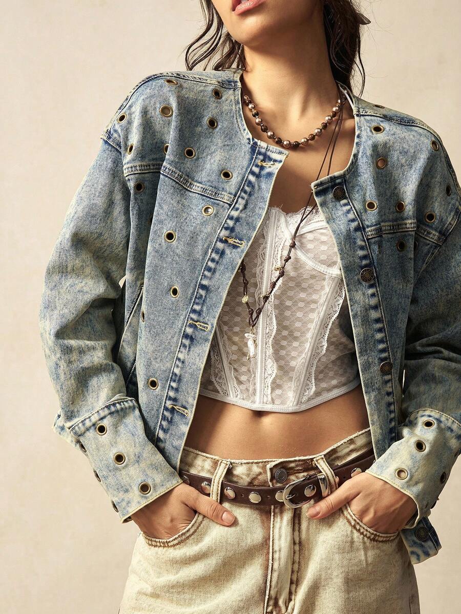 Bohemela Autumn/Winter Boho Casual Solid Color Woven Metal Eyelet Denim Loose Fit Cropped Jacket For Women