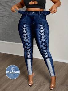 Slaydiva 大码简约图案印花紧身裤，秋冬季休闲装 - 白色 - 查看 7