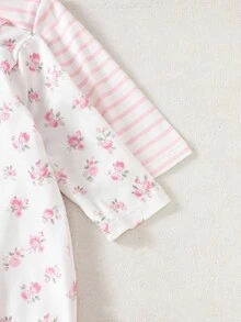 SHEIN 新生女宝宝印花纽扣圆领长袖连体衣秋冬款 - 粉色 - 查看 6