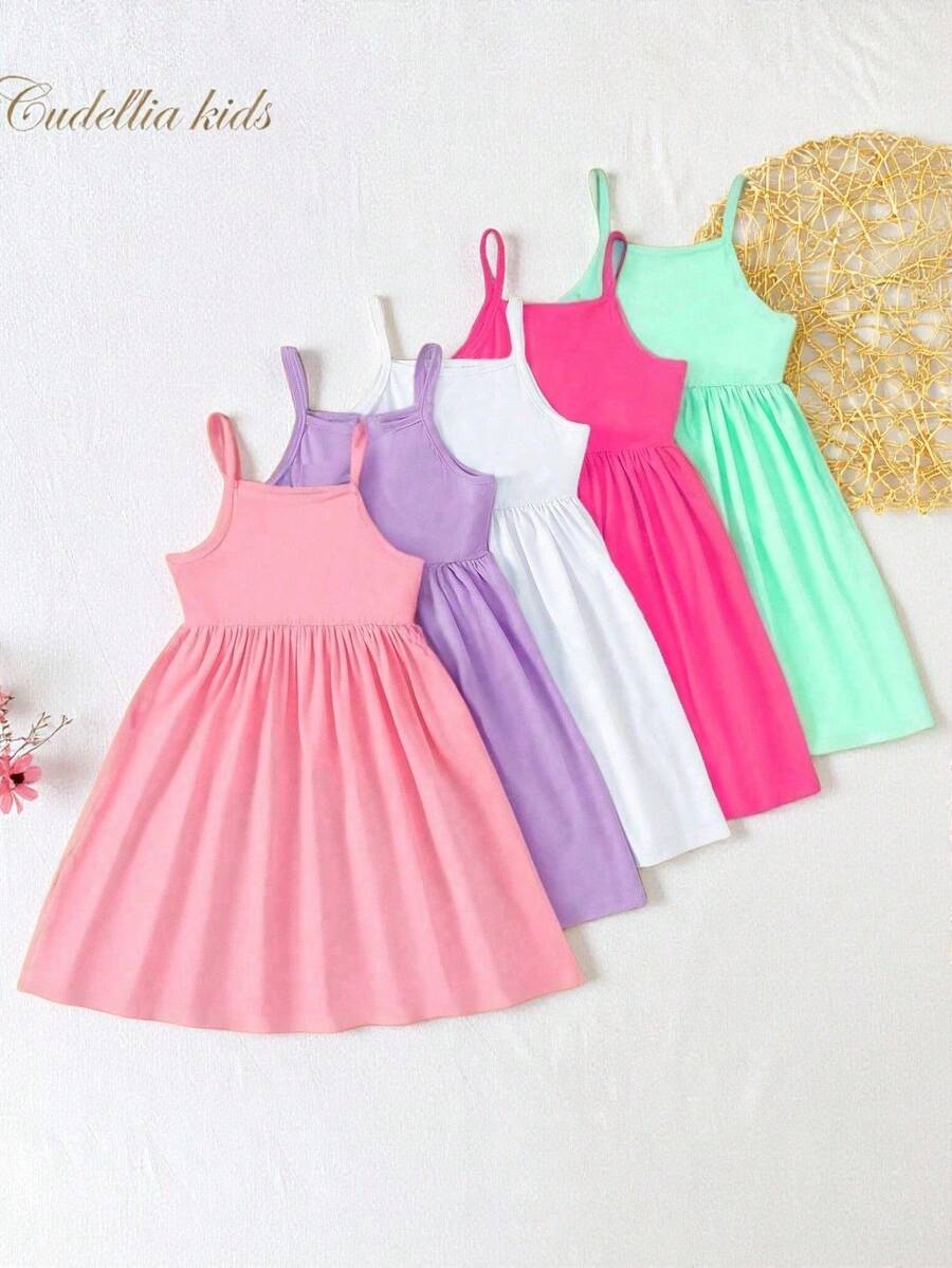 Bộ 5 chiếc váy liền thân màu trơn cho bé gái, thích hợp để mặc nhiều lớp, mặc trang phục và mặc ở nhà - Nhiều màu - Xem 1