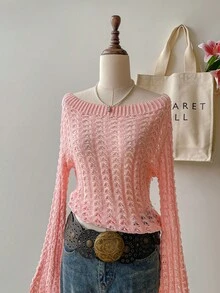 SHEIN Unity Pale Pink Hollow Out Boat Neck Flare Sleeve Sweater For Women - Pink - View 5