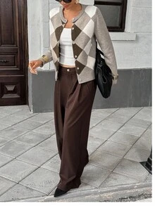 Pariaura Women's Casual Collegiate Style Patchwork Argyle Pattern Long Sleeve Button-Up Cardigan Sweater, Autumn