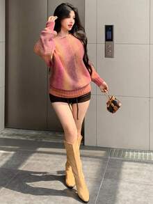 DAZY 女士宽松休闲扎染条纹彩色时尚不对称领口针织套头衫，秋冬 - 中紫紅色 - 查看 4